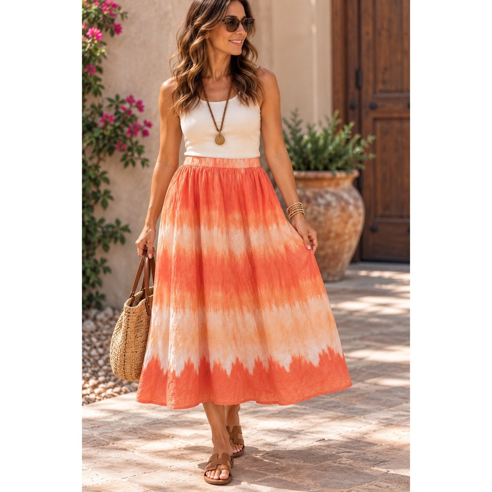 Chicos Orange Ombre Tie Dye Cotton Maxi Skirt Size 1 M 8 Elastic Waist Boho